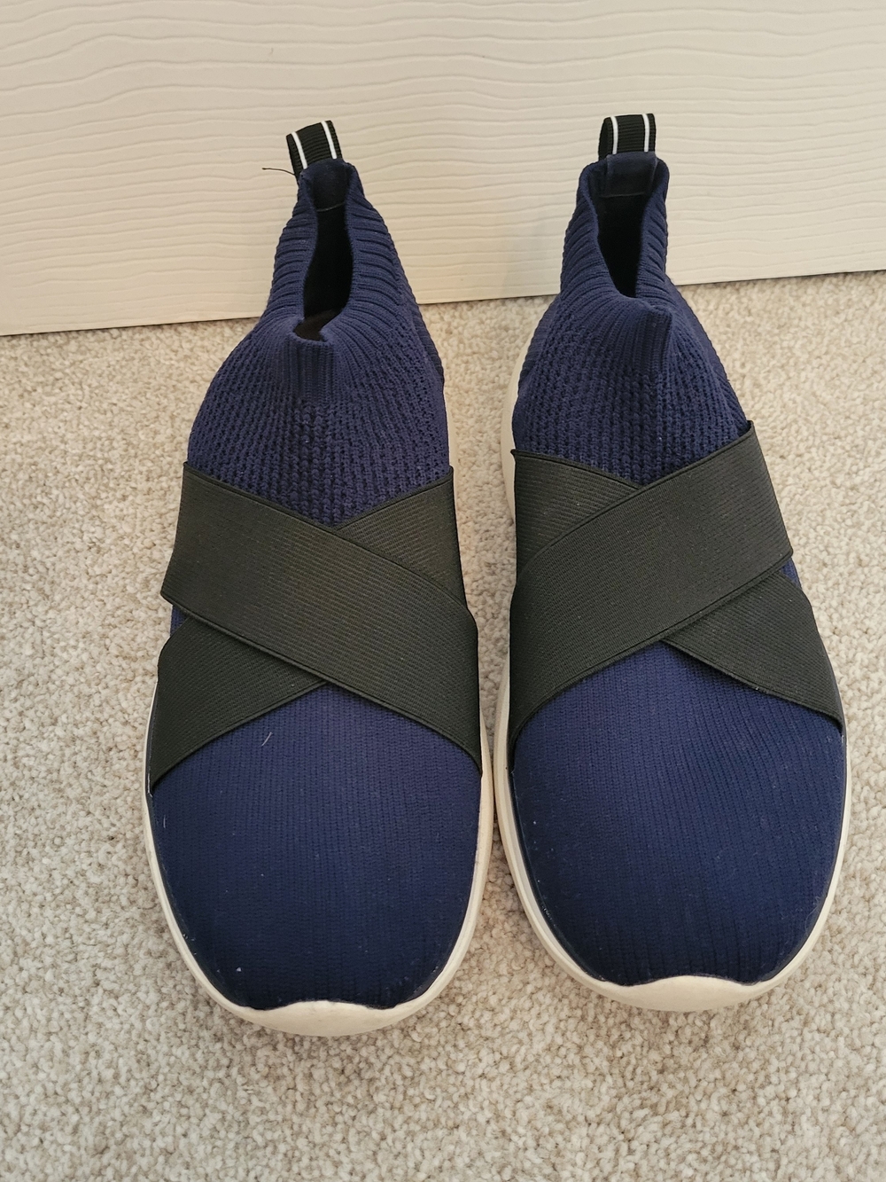 Tory Sport Navy Knit Slip-On Sneakers with Black Cross Straps